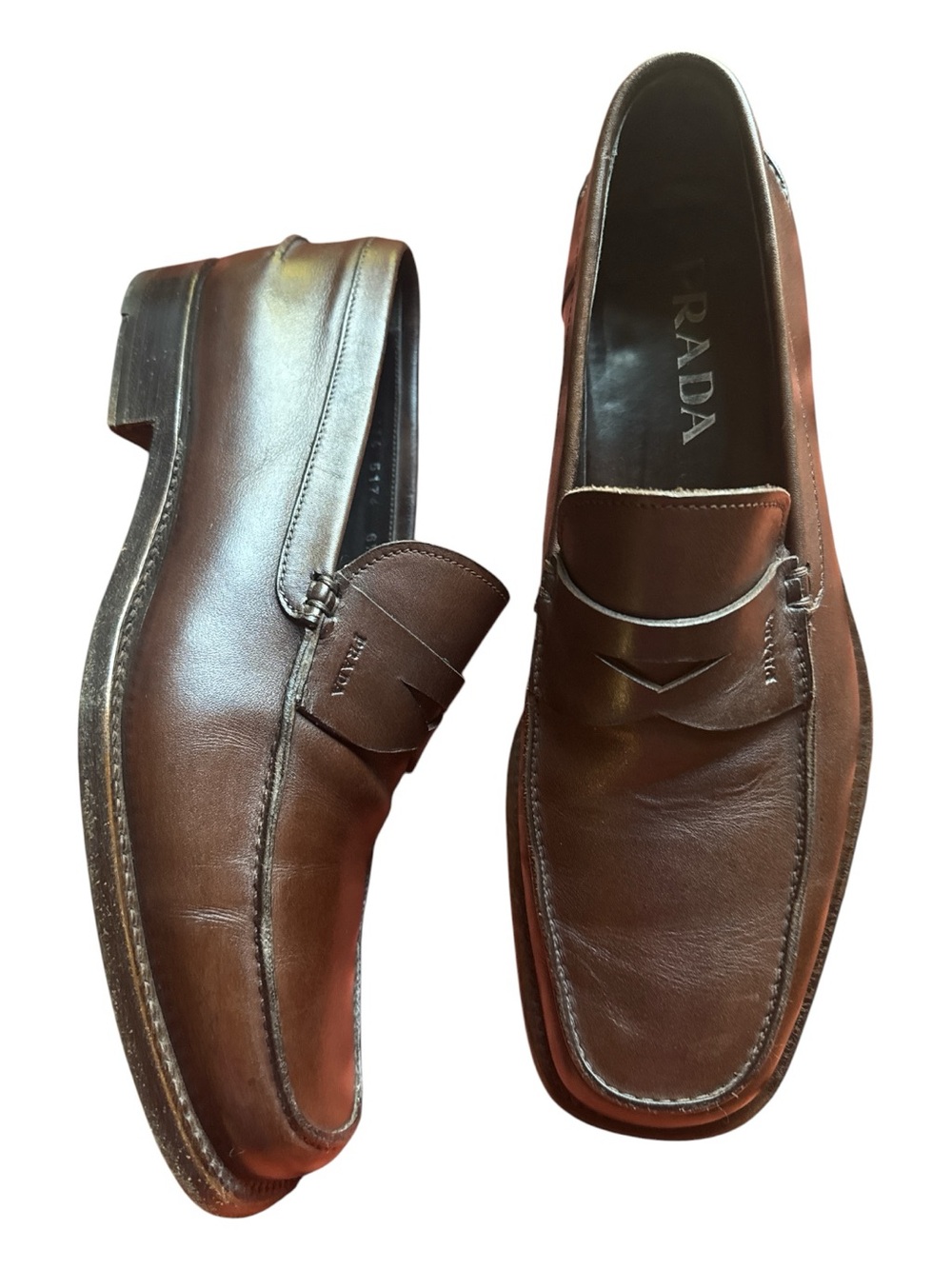 Prada Men's Cognac Brown Leather Penny Loafers Size 6.5 Luxury Dress Shoes